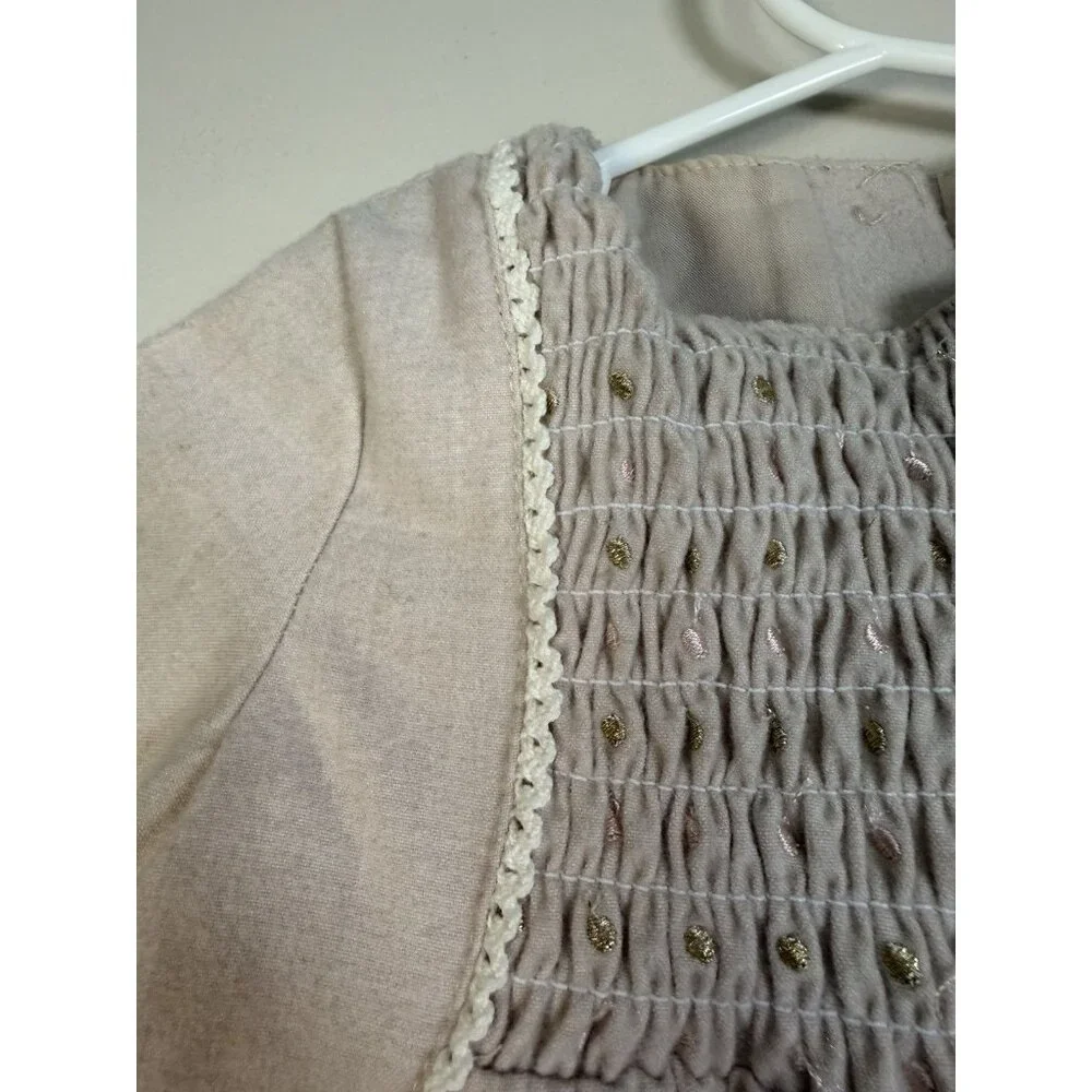 Artisan NY Dress long Sleeve Beige Smocked Baby Dress Polka Dot Detail 12 Months